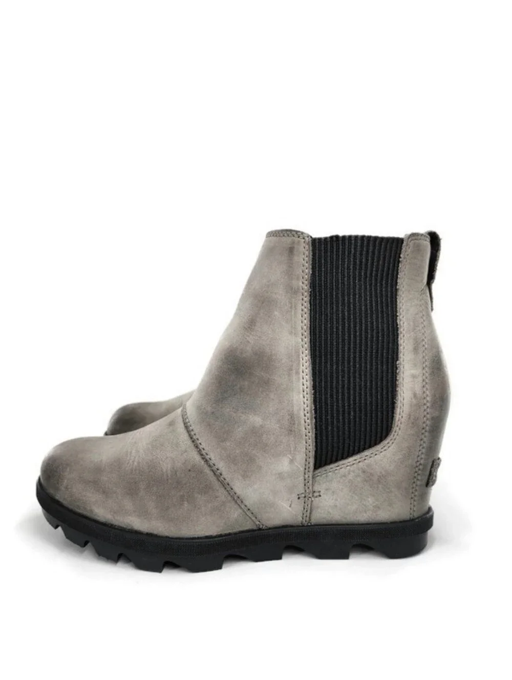 Sorel Joan of Arctic Grey Leather Waterproof Pull-On Lug-Sole Wedge Heel Boots